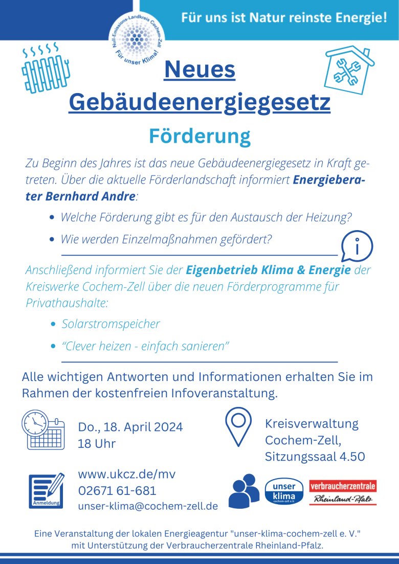 Plakat mit Informationen zur Veranstaltung Neues Gebäudeenergiegesetz