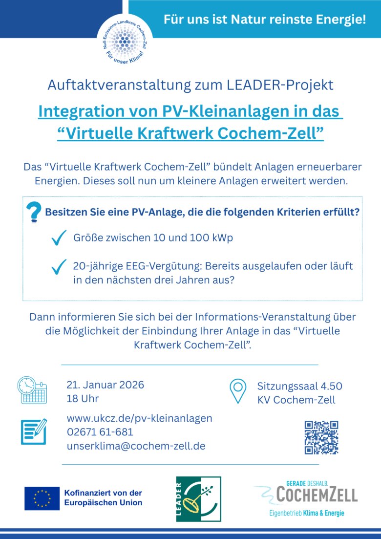 Plakat zur Auftaktveranstaltung "Integration von PV-Kleinanlagen in das “Virtuelle Kraftwerk Cochem-Zell” am 21.01.2026, 18 Uhr, Sitzungssaal 4.50 der KV Cochem-Zell