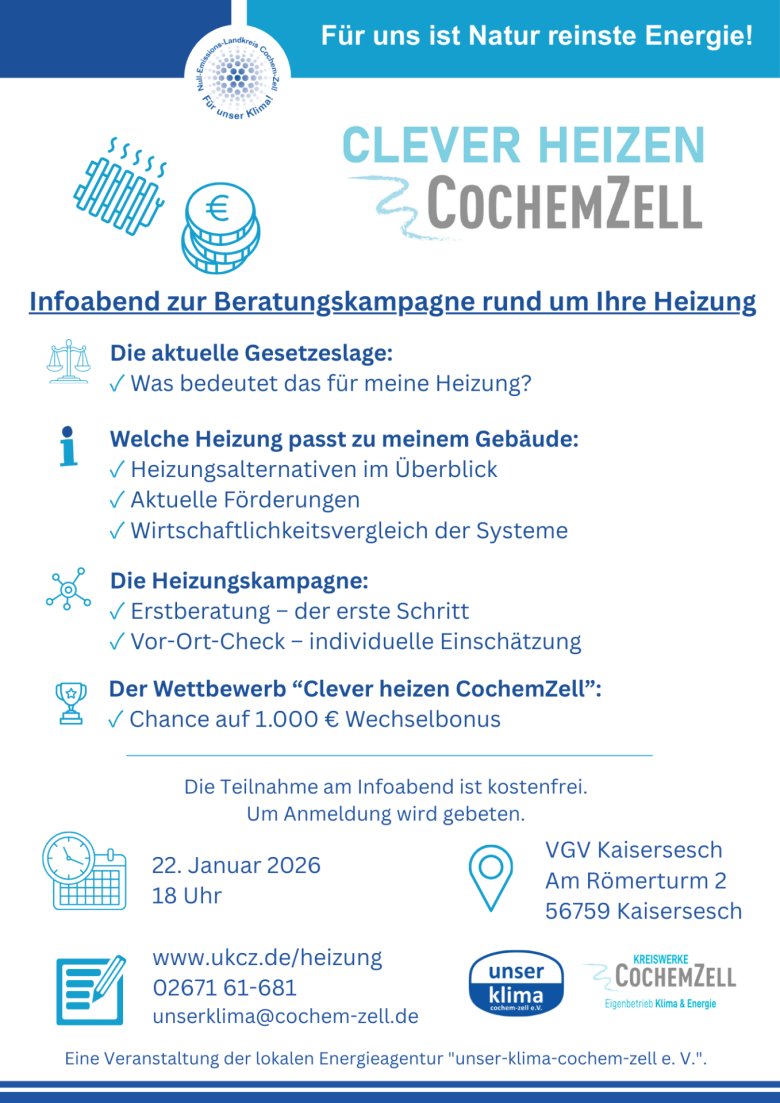 Plakat zur Veranstaltung im Rahmen der Heizungskampagne "Clever heizen CochemZell" am 22.01.2026, 18 Uhr, in der Verbandsgemeindeverwaltung Kaisersesch