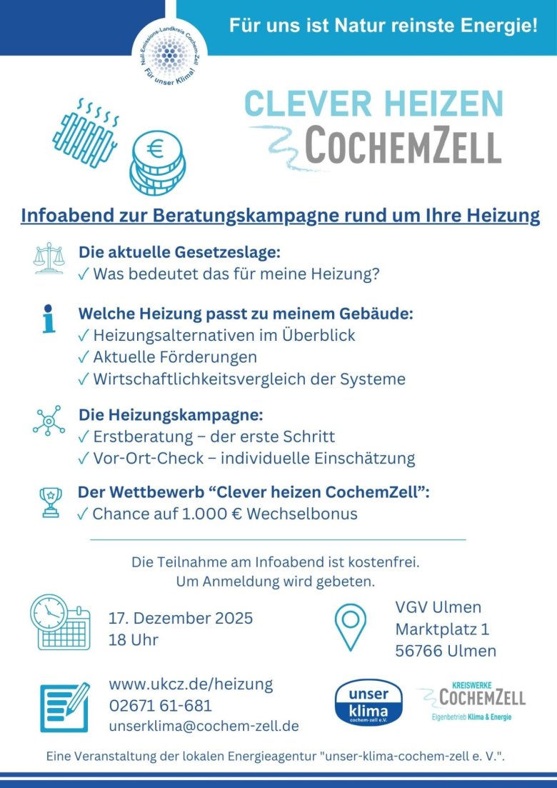 Plakat Heizungskampagne "Clever heizen CochemZell", Infoabend am 17.12.2025, 18 Uhr in der Verbandsgemeindeverwaltung Ulmen