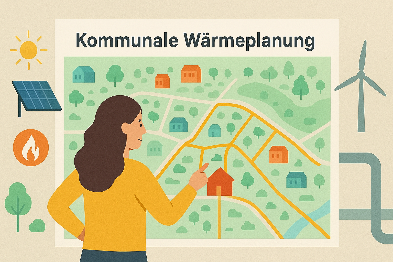 Darstellung Frau vor Plan Kommunale Wärmeplanung (fiktiv)