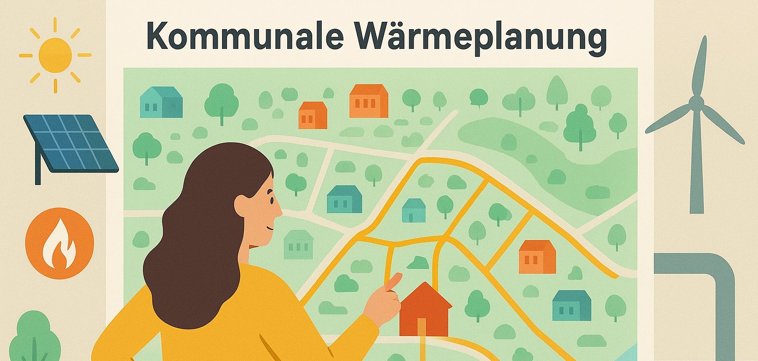 Darstellung Frau vor Plan Kommunale Wärmeplanung (fiktiv)
