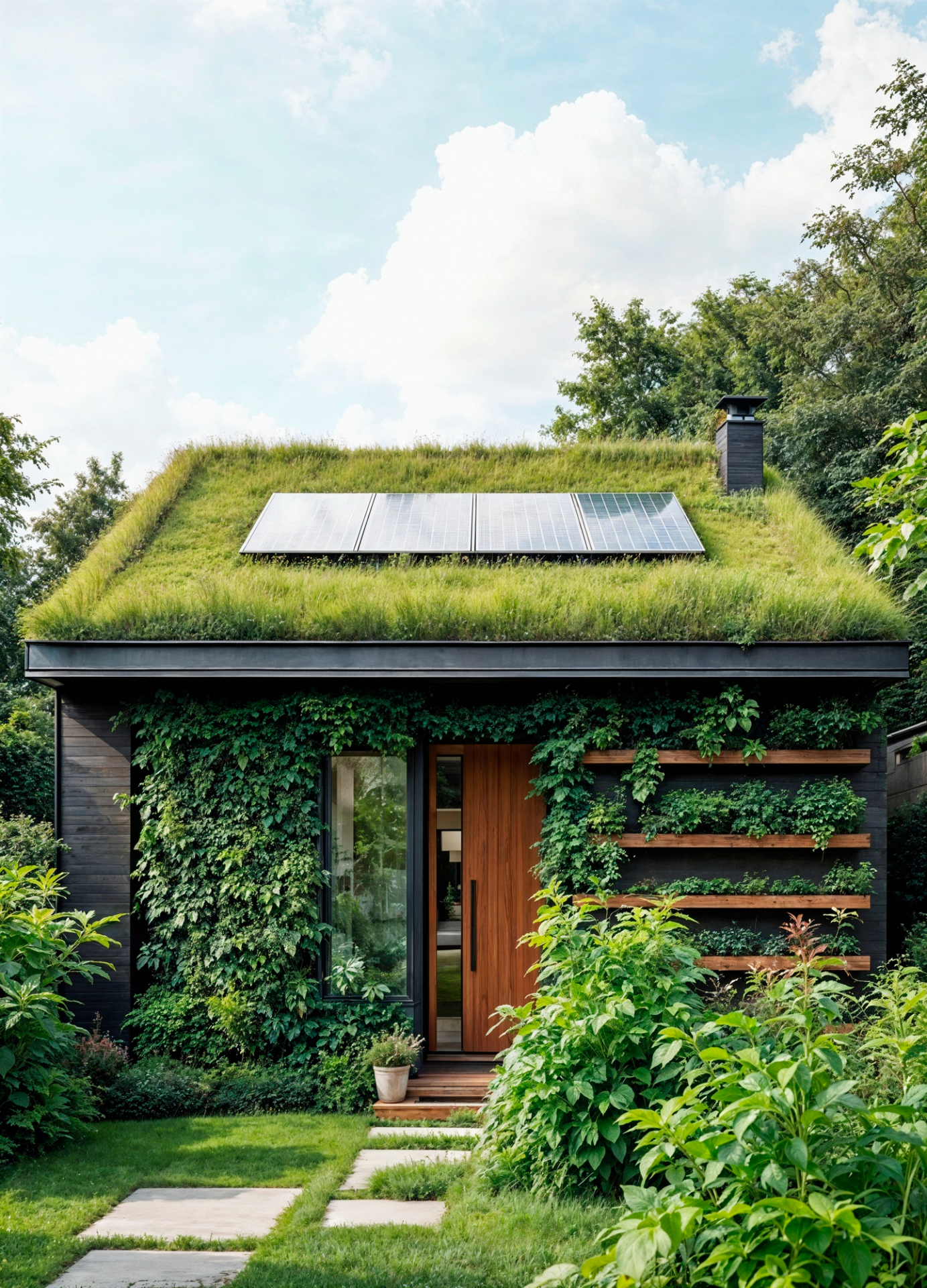 Haus mit Dach und Fassadenbegrünung, PV-Anlage auf dem Dach, umgeben von der Natur