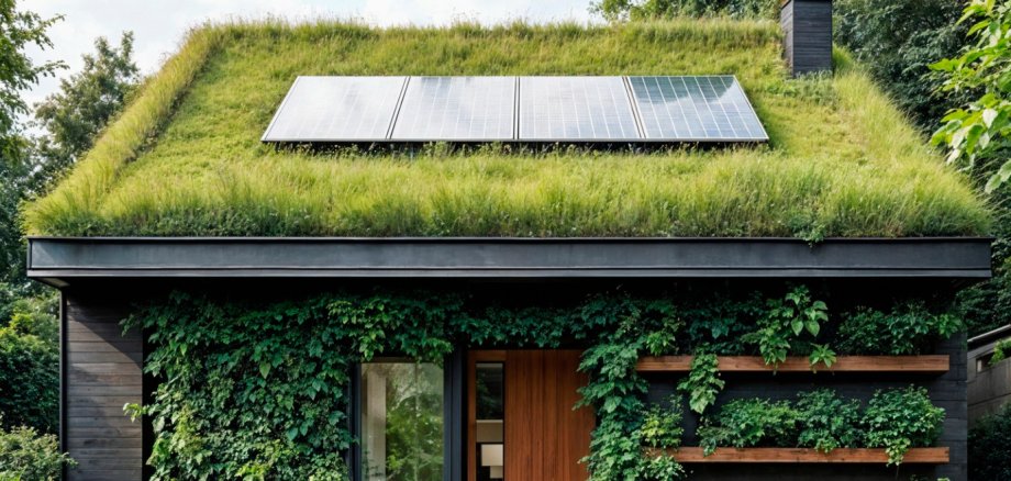 Haus mit Dach und Fassadenbegrünung, PV-Anlage auf dem Dach, umgeben von der Natur