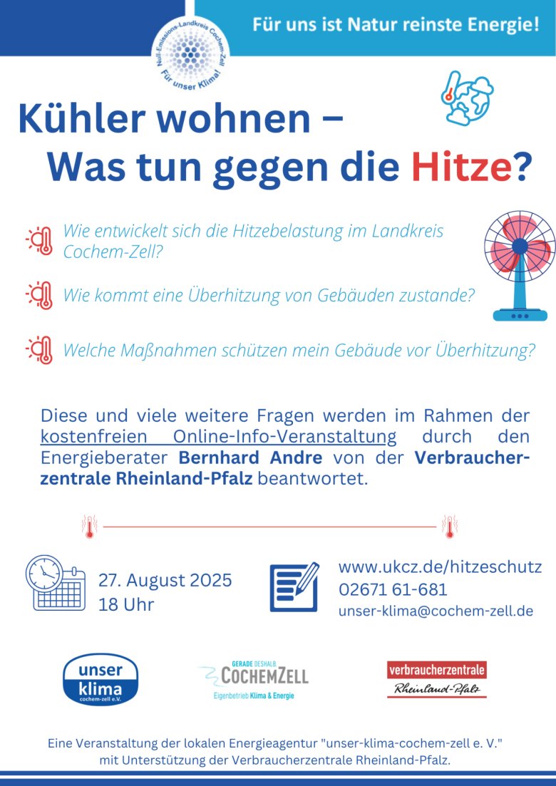 Hitzeschutz Veranstaltung Infos über Veranstaltung "Kühler wohnen - was tun gegen die Hitze?" am 27. August, 18 Uhr, online