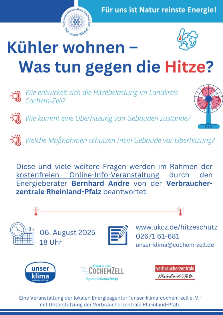Hitzeschutz Veranstaltung Infos über Veranstaltung "Kühler wohnen - was tun gegen die Hitze?" am 06. August, 18 Uhr, online