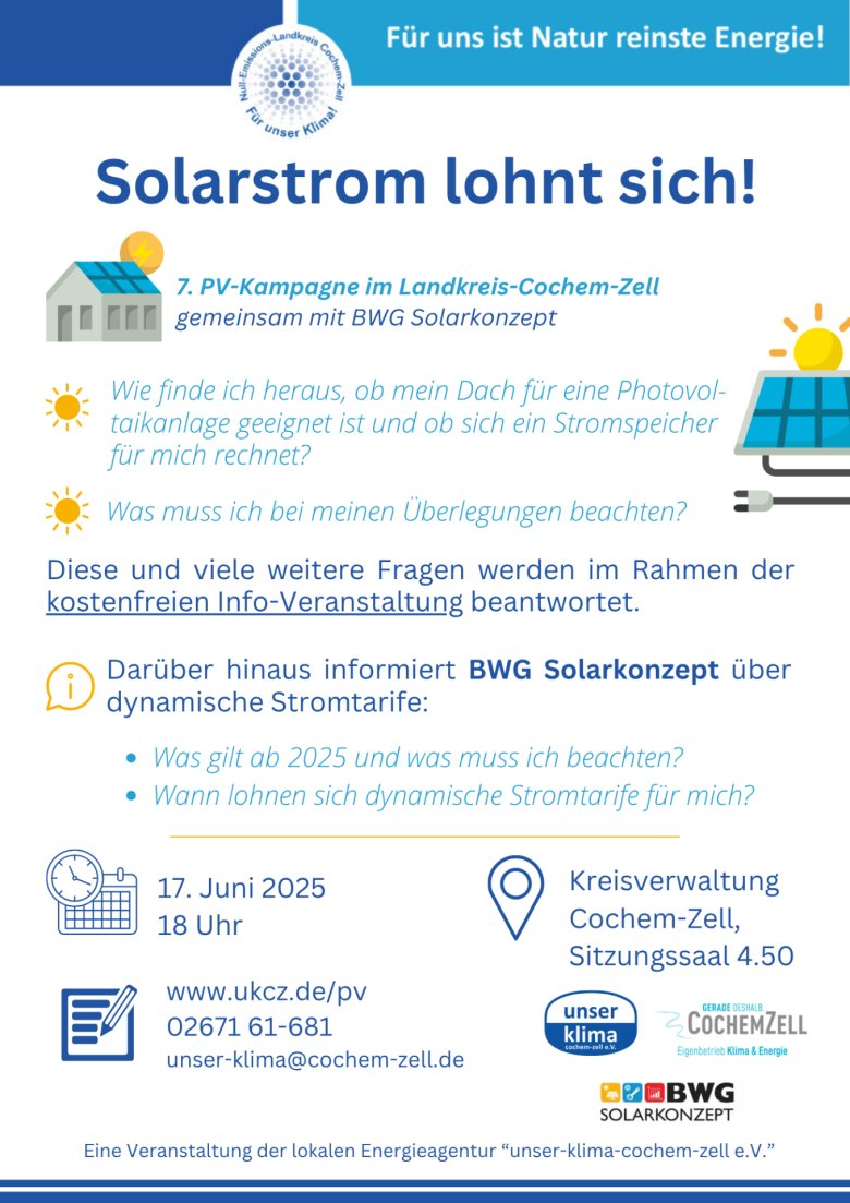 Infos zur 7. PV-Kampagne mit BWG Solarkonzept am 17.06.2025 ab 18 Uhr im Sitzungssaal 4.50 der Kreisverwaltung Cochem-Zell; Themen: PV allgemein und dynamische Stromtarife