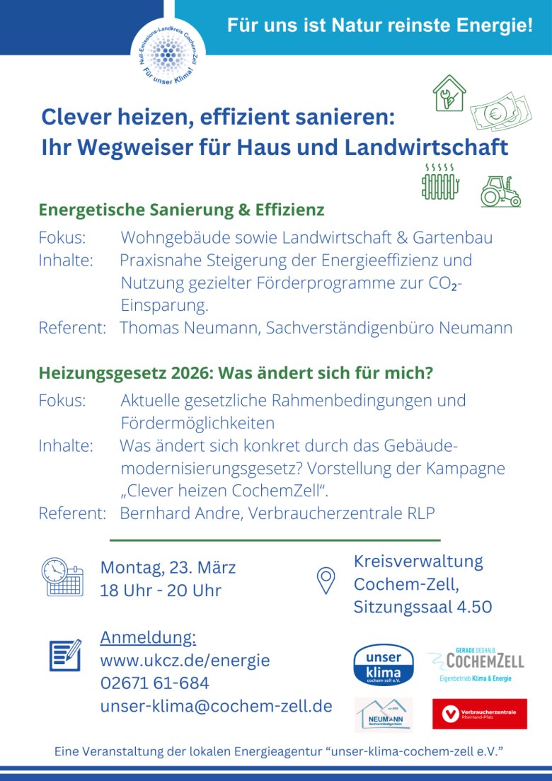Plakat zur Infoveranstaltung Clever heizen, effizient sanieren