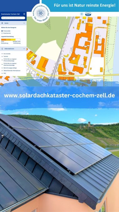 Solardachkataster Cochem-Zell Darstellung aus dem Solardachkataster Cochem-Zell und darunter eine PV-Anlage mit Blick auf die Beilsteiner Burg