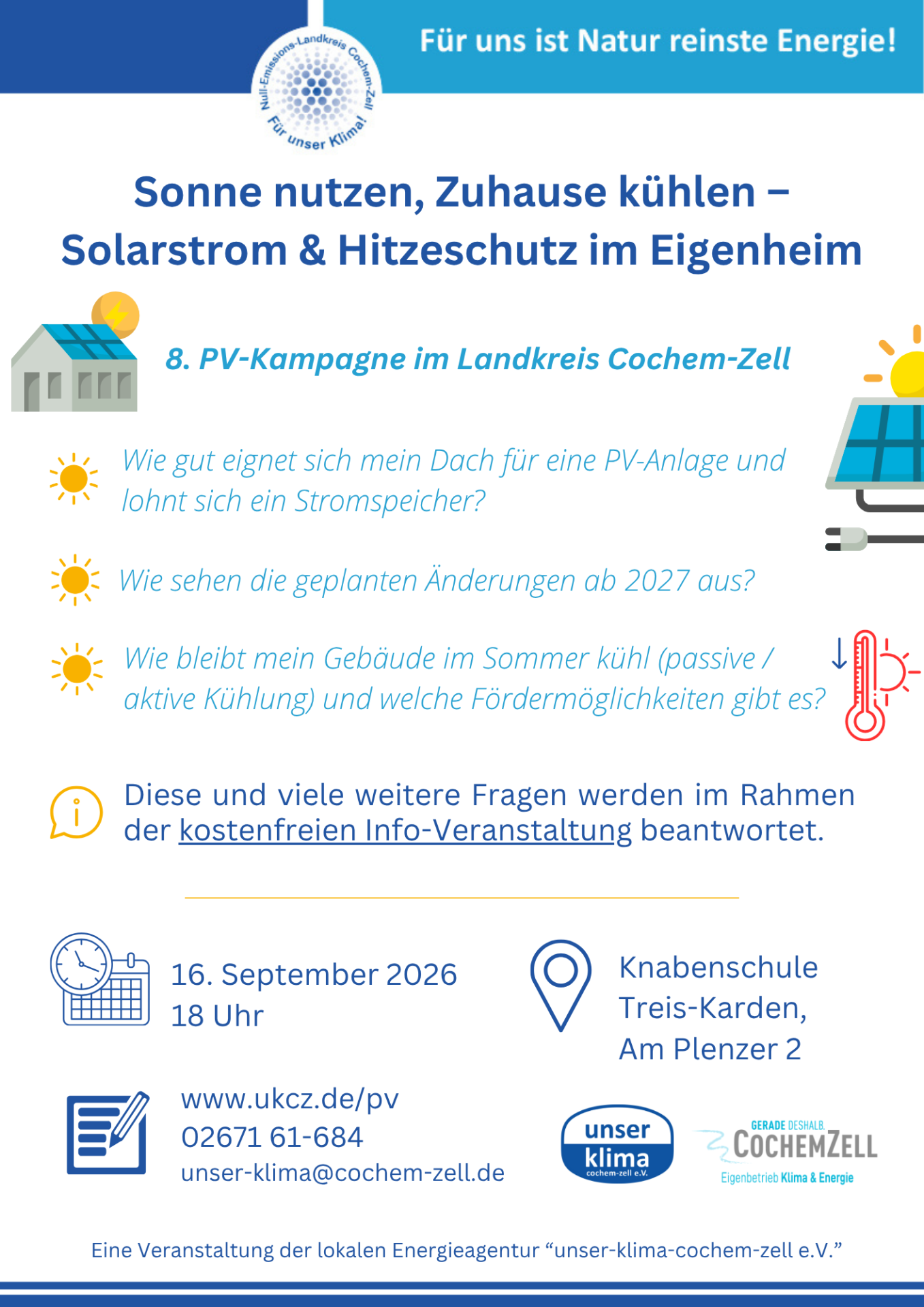 Plakat zur 8. PV-Kampagne mit dem Titel "Sonne nutzen, Zuhause kühlen - Solarstrom & Hitzeschutz im Eigenheim" (Alle Infos auch im Text)
