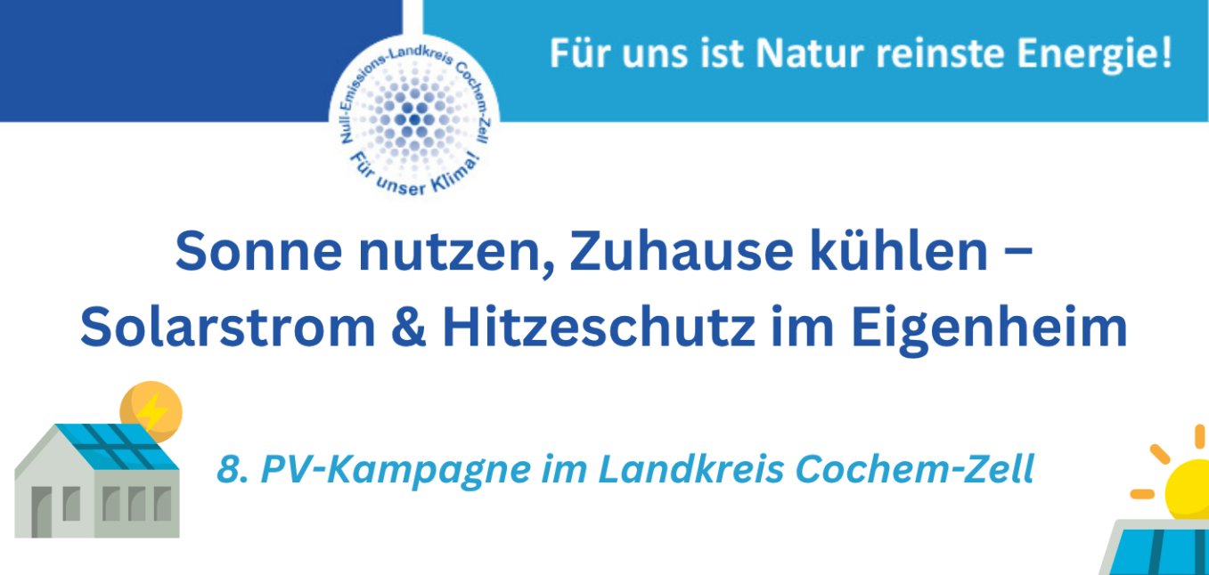 Plakat zur 8. PV-Kampagne mit dem Titel "Sonne nutzen, Zuhause kühlen - Solarstrom & Hitzeschutz im Eigenheim" (Alle Infos auch im Text)