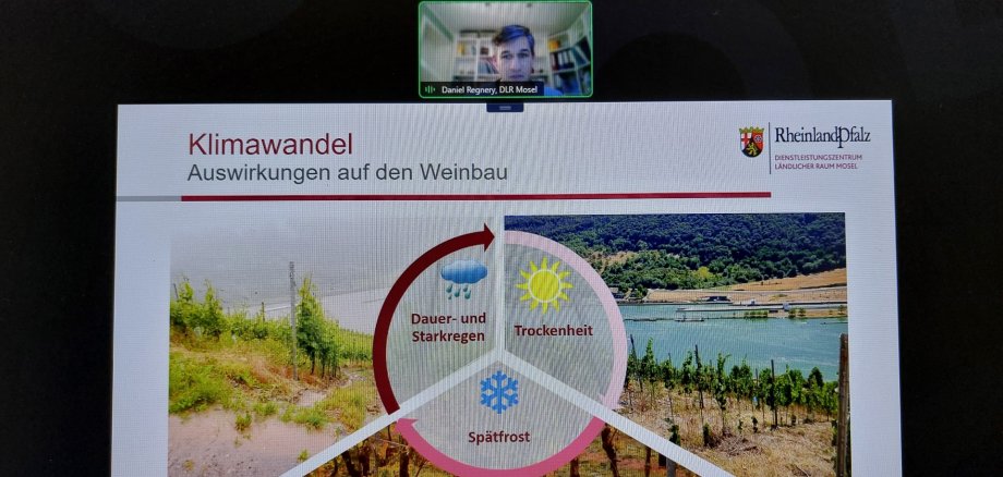 Herr Regnery vom DLR Mosel präsentiert die Klimafolgen für den Weinbau sowie Anpassungsmöglichkeiten